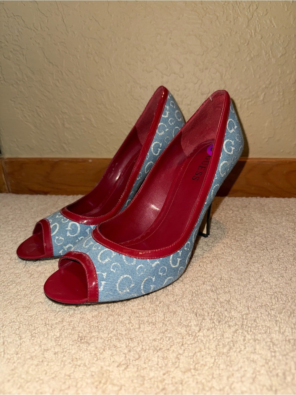 Guess Denim Logo Peep-Toe Heels with Red Trim